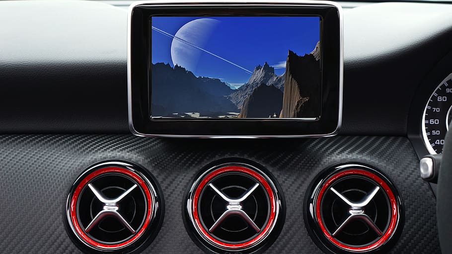 Monitor Displaying Mountain and Planet, auto, automobile, blue HD wallpaper