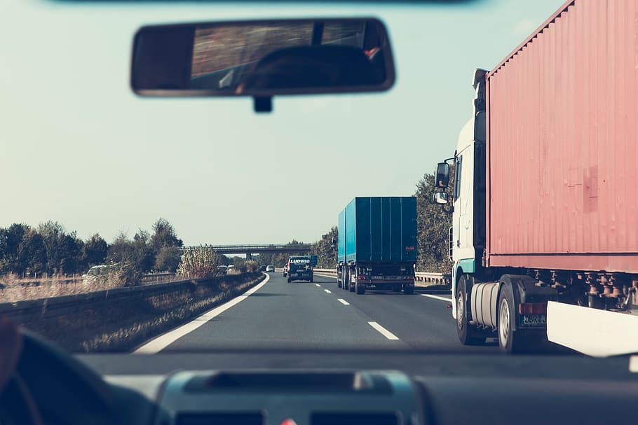 highway, road, trucks, windshield, car, driving, automotive HD wallpaper