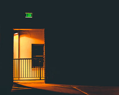turned-on exit sign, handrail, banister, flooring, railing, door HD wallpaper