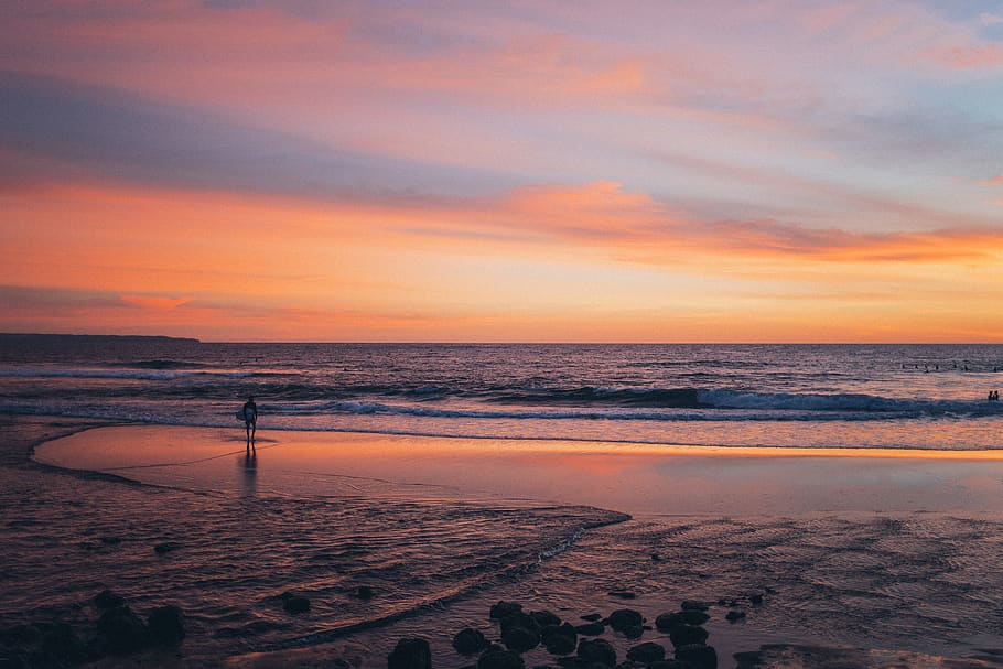 Person Standing in the Beach, calm, coast, dawn, horizon, idyllic HD wallpaper