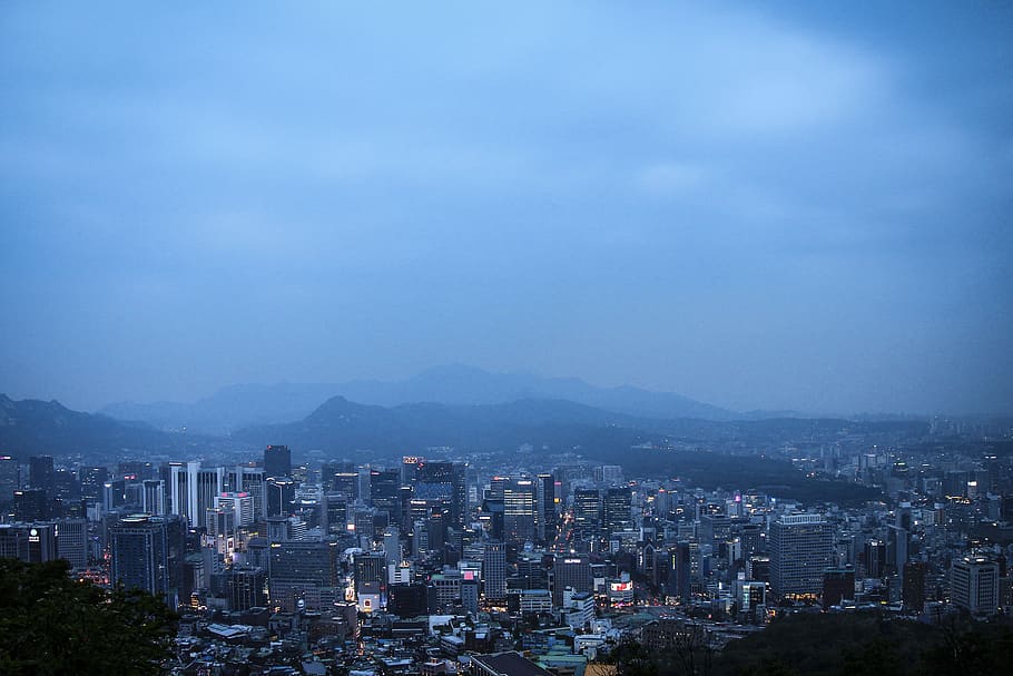 seoul, south korea, city, skyline, blue, blue hour, lights, HD wallpaper