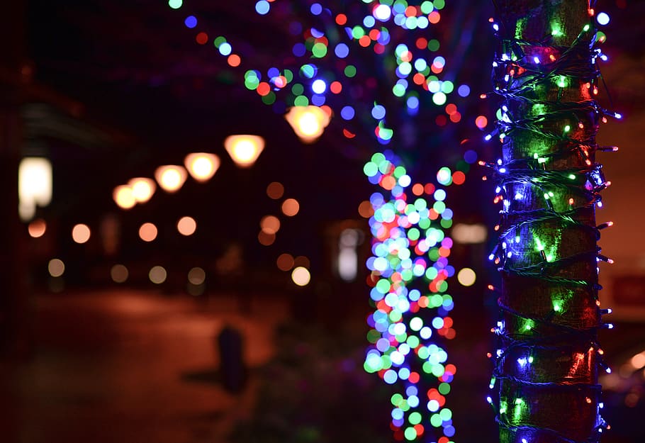 Illuminated Christmas Lights at Night, blur, blurred, blurry