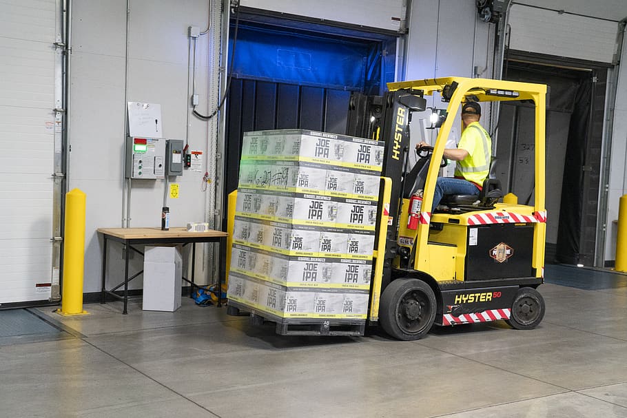 Man Riding on Yellow Forklift, boxes, cases, container, driver