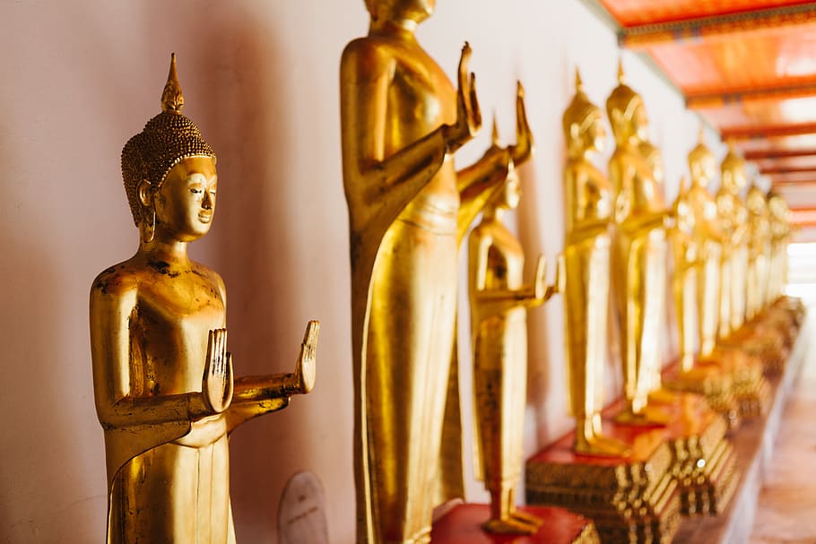 gold buddhas statue, religion, belief, spirituality, sculpture HD wallpaper