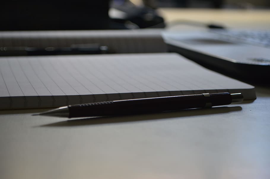 paper, pen, write, study, desk, education, school, black and white HD wallpaper