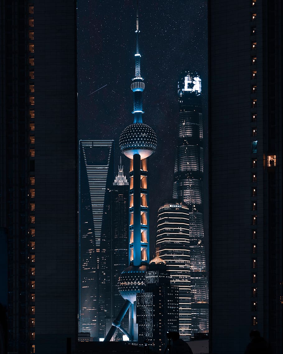 Lighted Tower Beside Building, architecture, buildings, city HD wallpaper