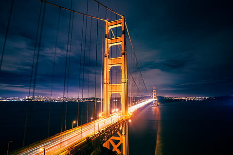 lighted Golden Gate Bridge during night, building, suspension bridge HD wallpaper