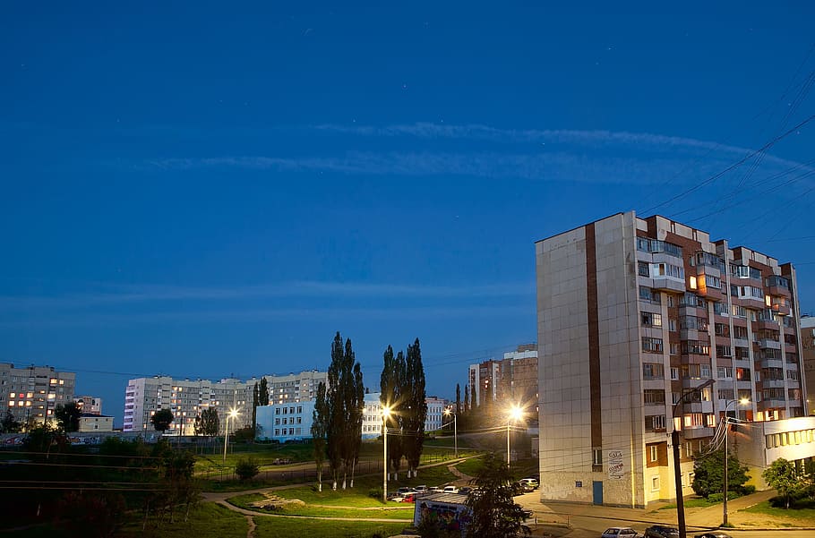 building, city, lights, night, sky, twilight, building exterior HD wallpaper