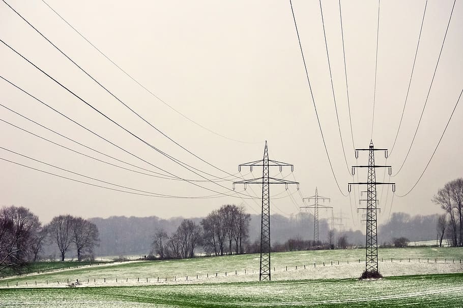 landscape, power poles, energy, current, power supply, power line, HD wallpaper