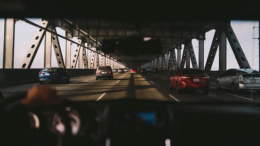 cars on road during daytime, bridge, structure, road trip, vehicle HD wallpaper