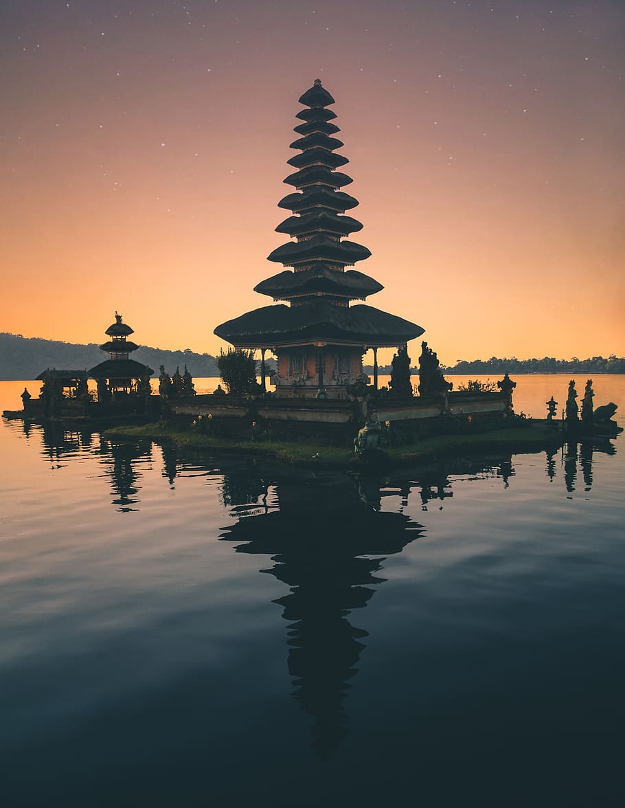Brown Pagoda Near Body of Water, architecture, bali, dawn, indonesia, HD wallpaper