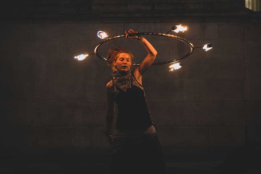 woman performing fire dancing, human, person, juggling, circus HD wallpaper