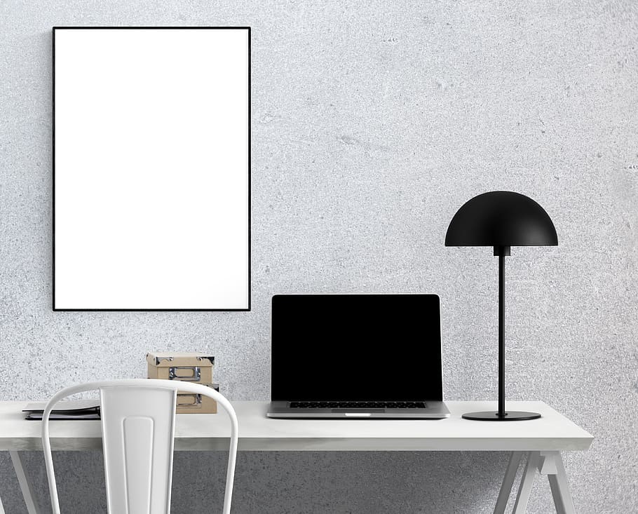 laptop, lamp, poster, frame, table, chair, technology, seat HD wallpaper