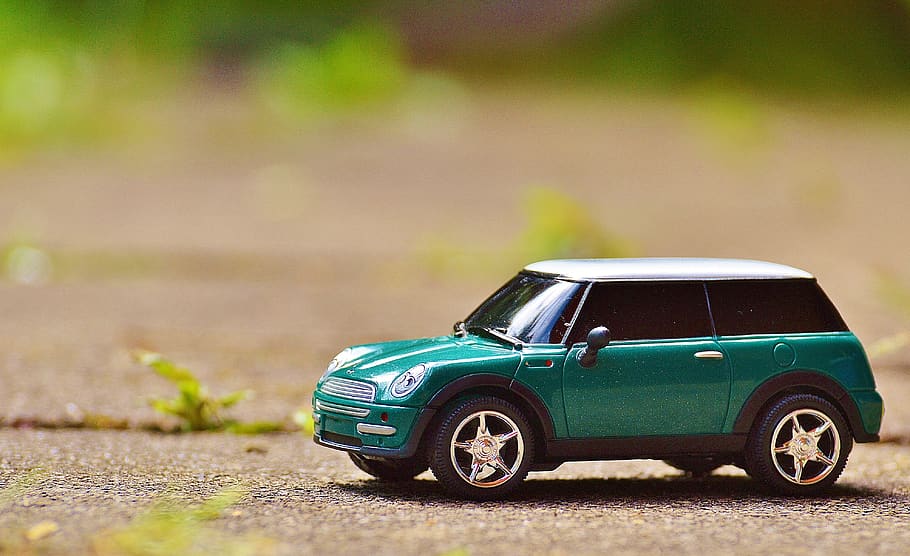 Green Scale Model Car on Brown Pavement, macro, Mini Cooper, miniature HD wallpaper