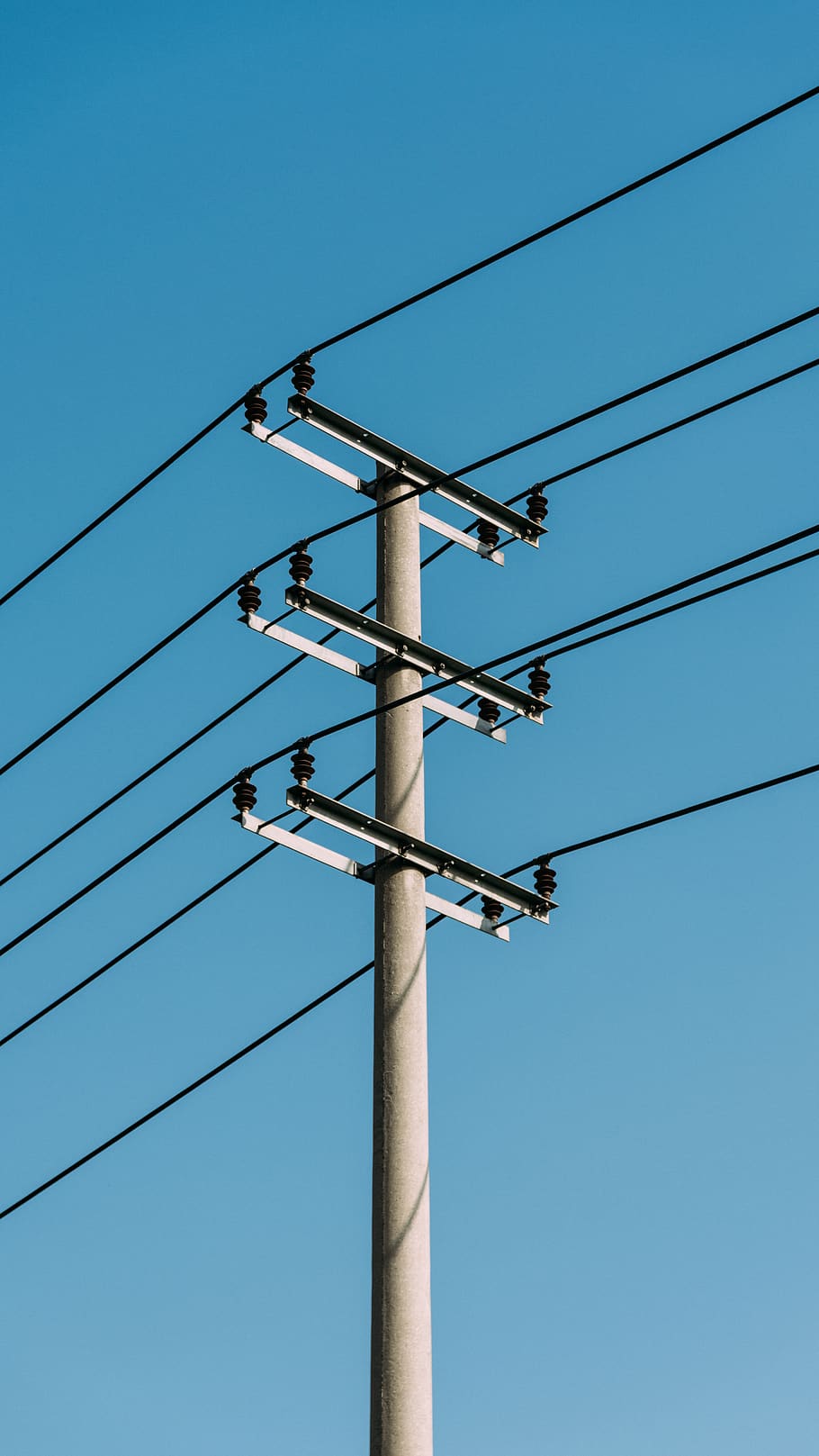 utility tower, cable, sky, electricity, low angle view, blue HD wallpaper