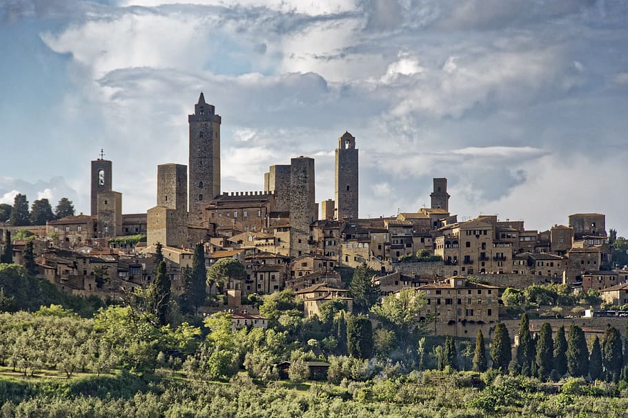 italy, tuscany, san gimignano, historic center, panorama, sky