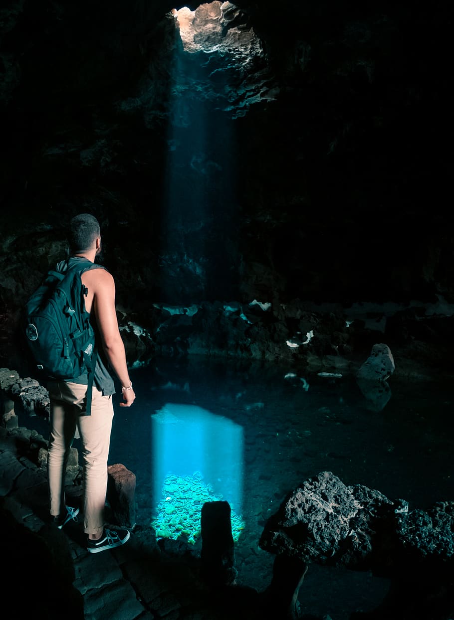 explore, adventure, travel, water, light, lights, cave, rock HD wallpaper