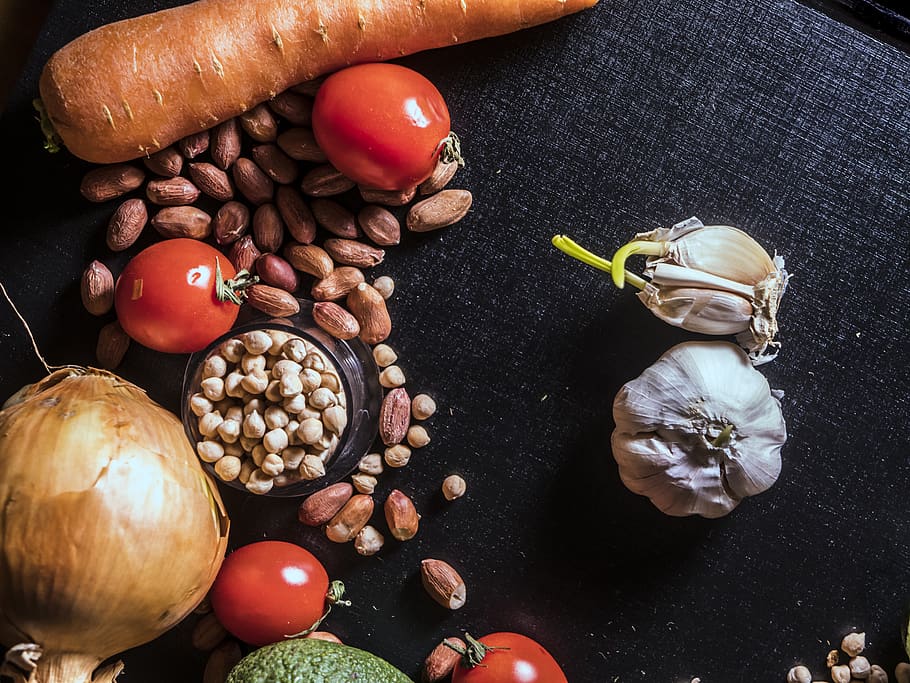 Variety of Spices and Vegetables on Black Surface, background HD wallpaper