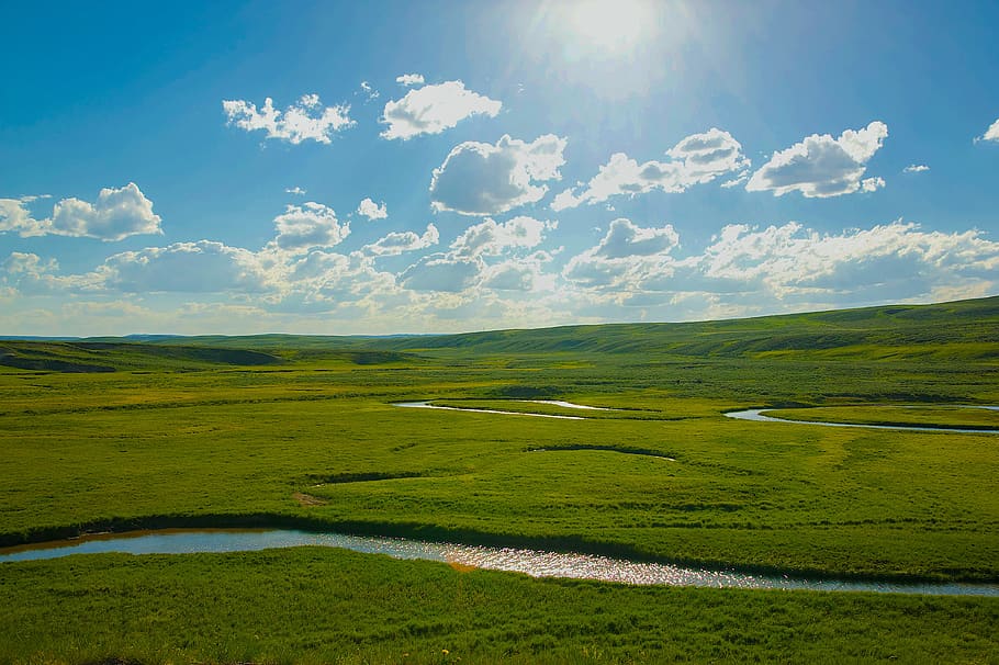 landscape, water, nature, clouds, color, meadow, light, sun HD wallpaper