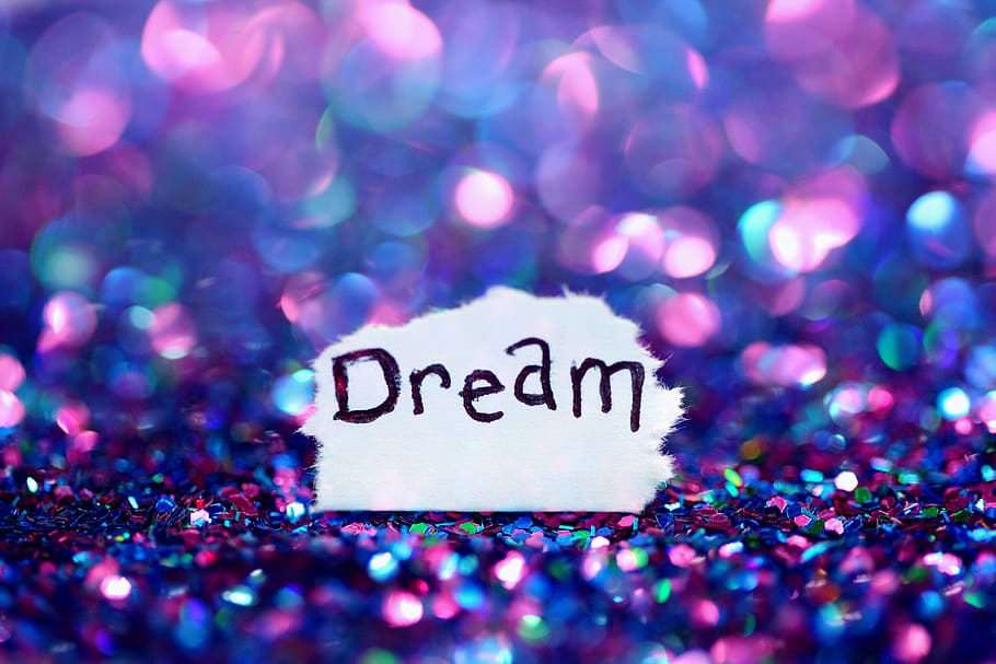 Dream signage surrounded sequins, glitter, light, paper, united states, HD wallpaper