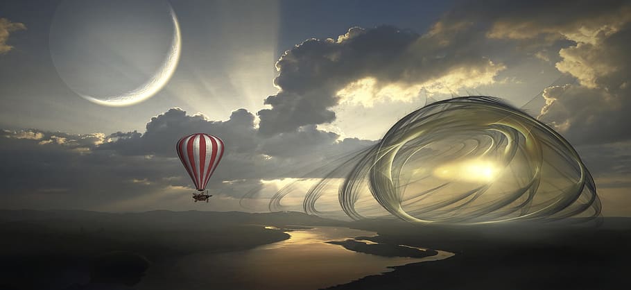 fantasy, landscape, balloon, moon, river, clouds, sky, light HD wallpaper