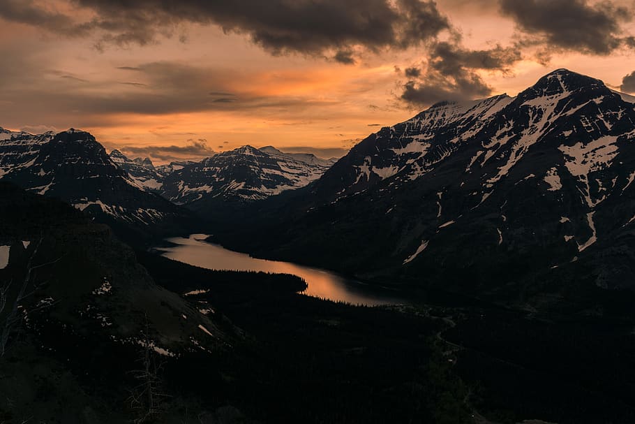 mountains, sunset, dusk, sky, clouds, cliffs, river, water HD wallpaper