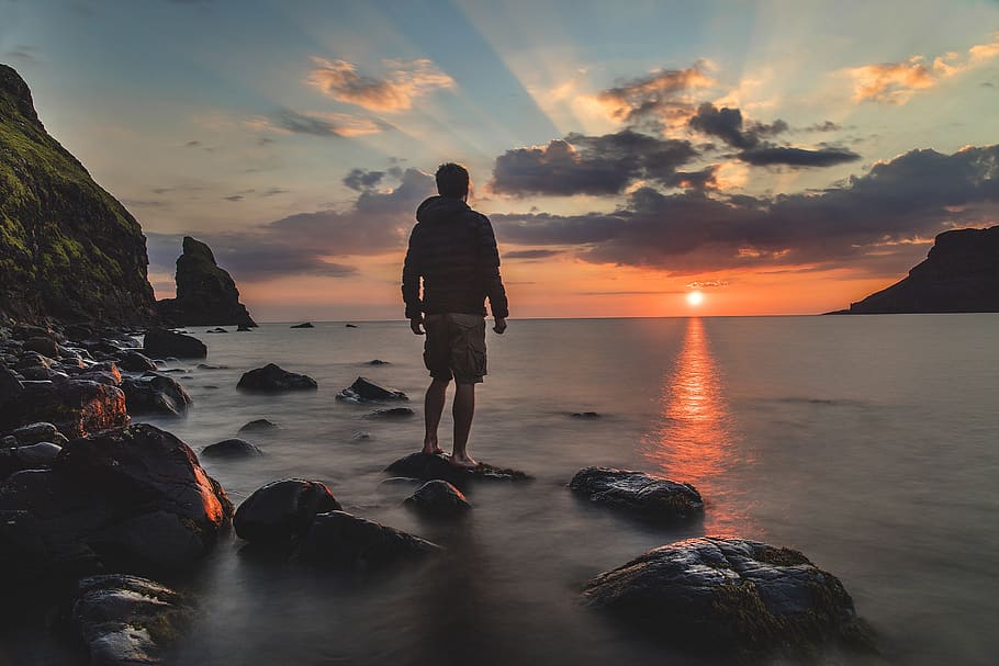 beach, clouds, dawn, dusk, man, nature, ocean, outdoors, person HD wallpaper