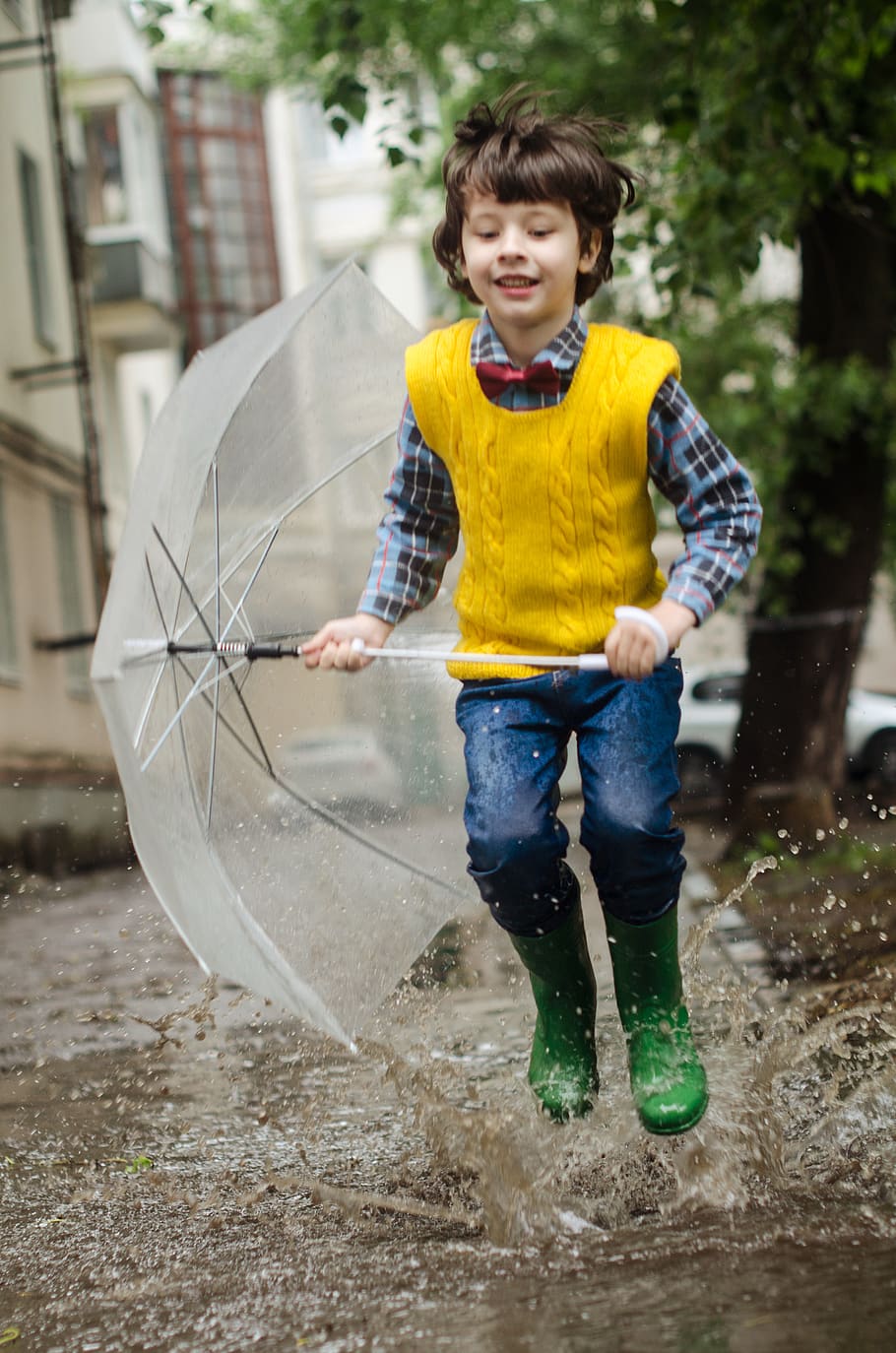 Boy Holding Umbrella While Smiling and Running, active, boots HD wallpaper