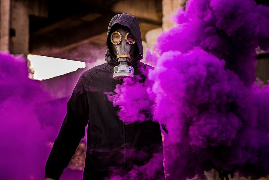 man wearing mask with purple smoke background, one person, flower HD wallpaper
