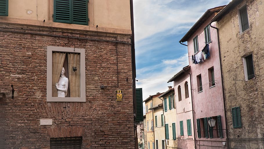 person on window, home decor, italy, curtain, shutter, walkway HD wallpaper