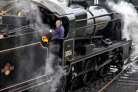 man standing inside steam train, locomotive, vehicle, transportation HD wallpaper