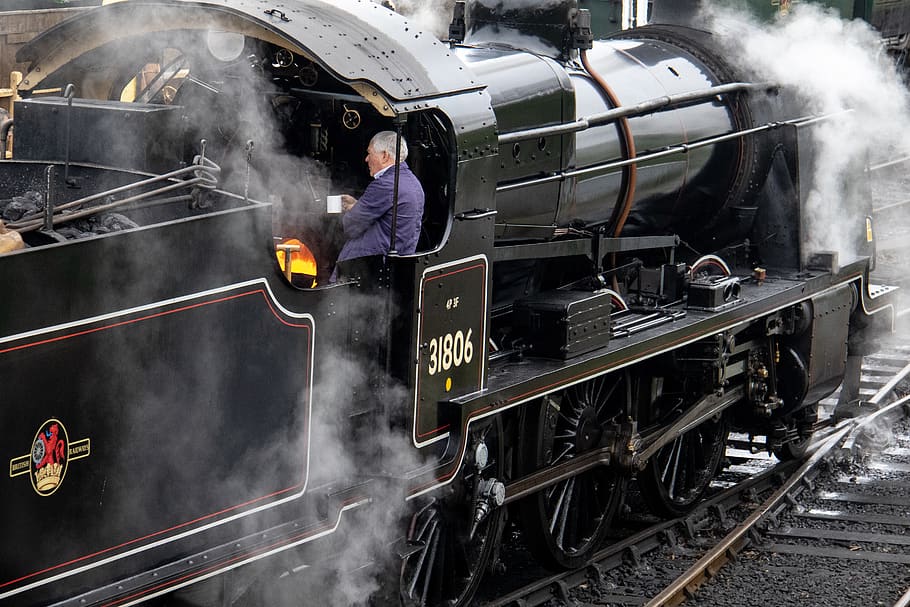 man standing inside steam train, locomotive, vehicle, transportation HD wallpaper
