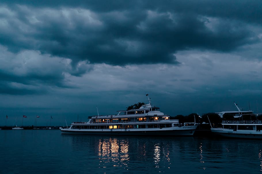 Boat At Dock, cloud, cruise ship, docked, evening, ferry, harbor HD wallpaper