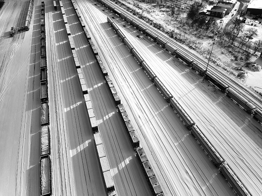 trains, drone, winter, cold, high angle view, transportation HD wallpaper