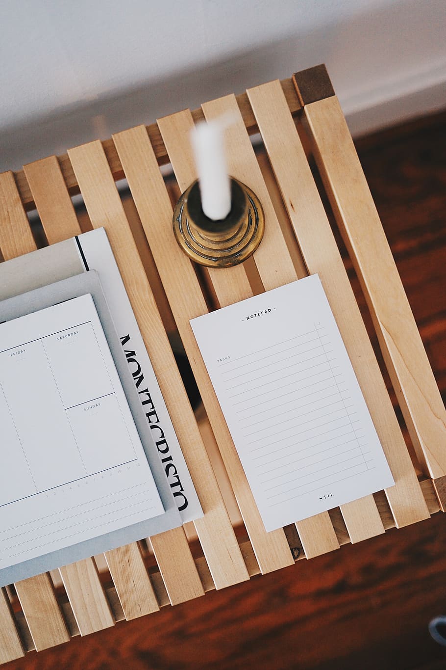 white printer paper beside brown candlestick, table, wood - material HD wallpaper