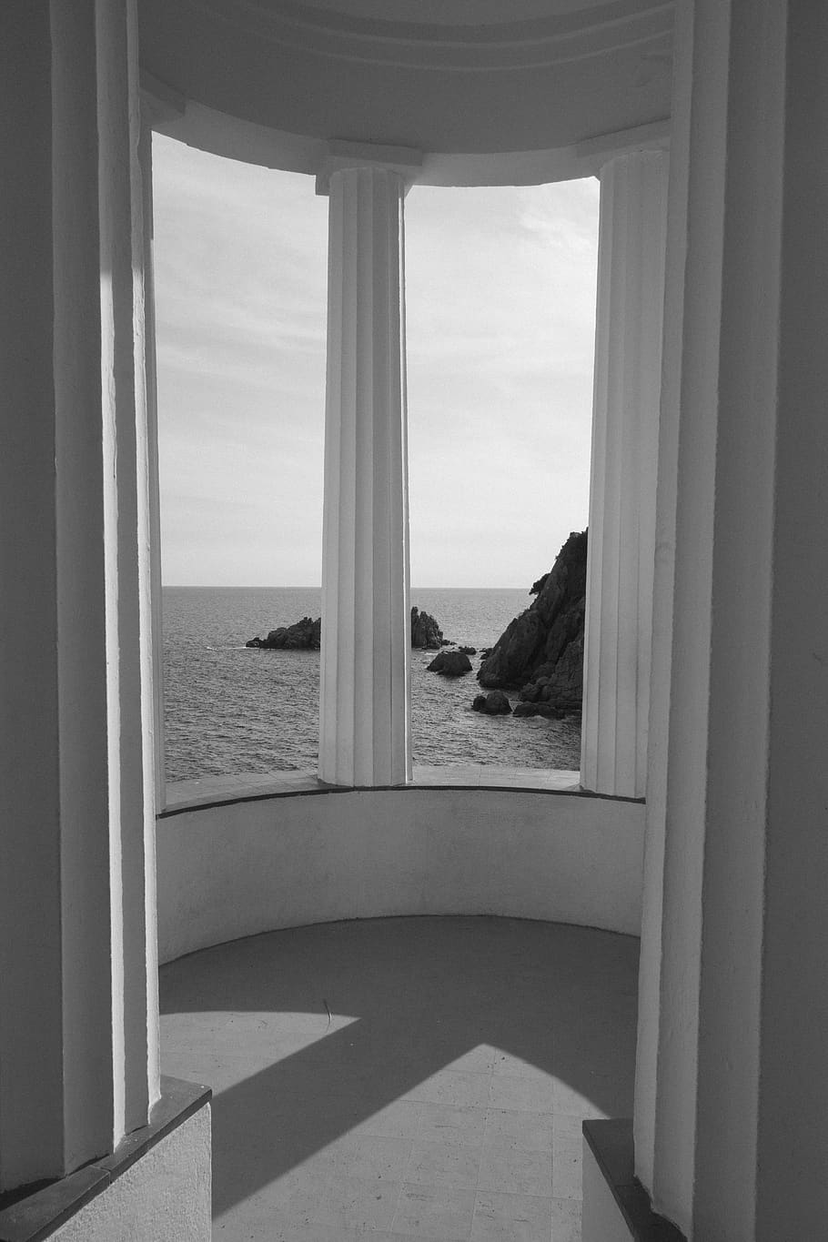 architecture, columns, sea, costa brava, day, sky, water, indoors HD wallpaper