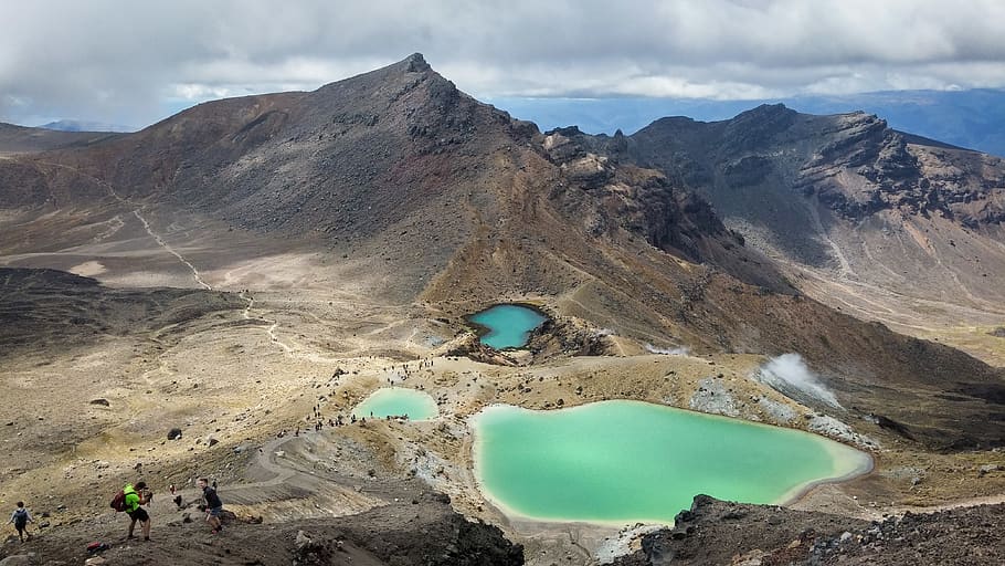 People Hiking, adventure, clouds, crater, daylight, hike, landscape HD wallpaper