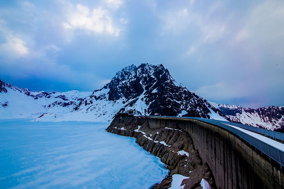 austria, vandans, lünersee, dam, lake, clouds, mountain, alps HD wallpaper