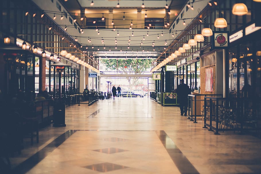 man standing between stores, terminal, airport terminal, building HD wallpaper