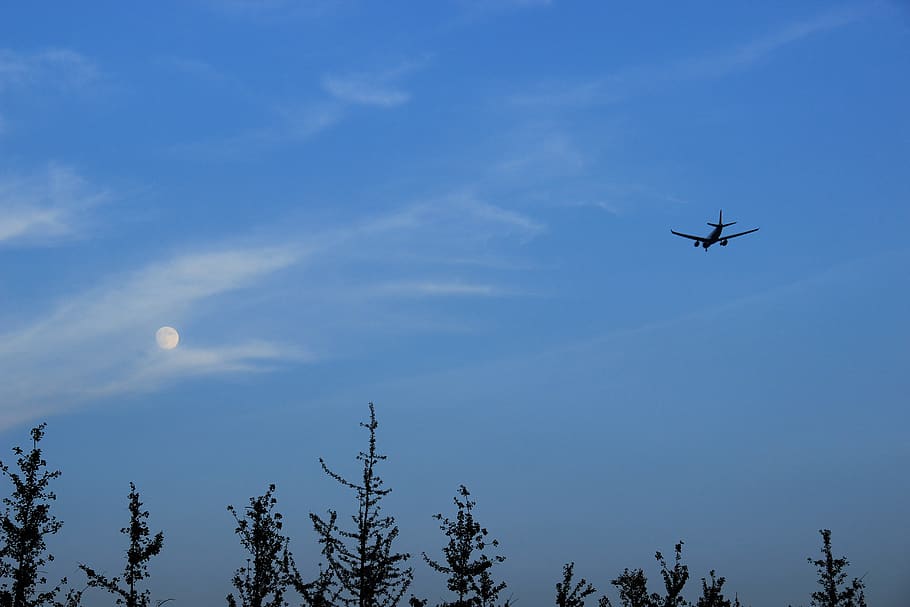 sky, aircraft, moon, air vehicle, low angle view, flying, mode of transportation HD wallpaper