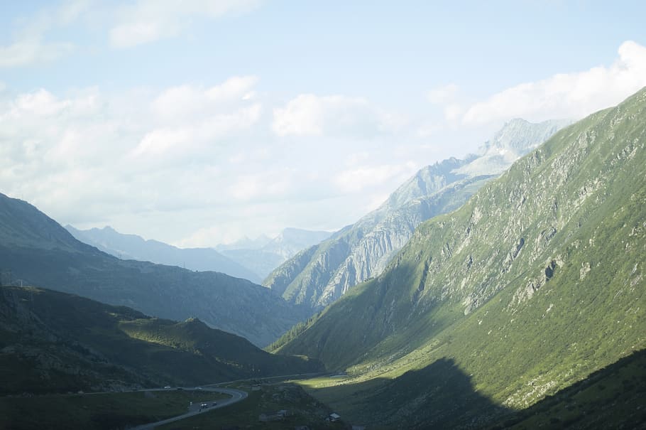 Aerial Photography of Grass Covered Mountain, cars, clouds, daylight HD wallpaper