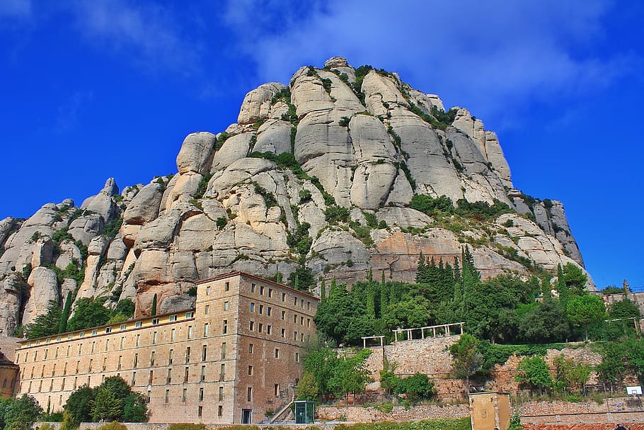building, monastery, architecture, rock, spain, tree, plant HD wallpaper