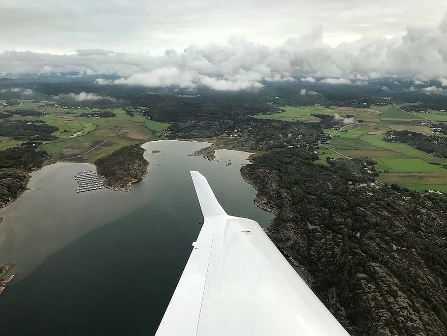 wing, fly, sky, landscape, above, clouds, lake, looking down HD wallpaper