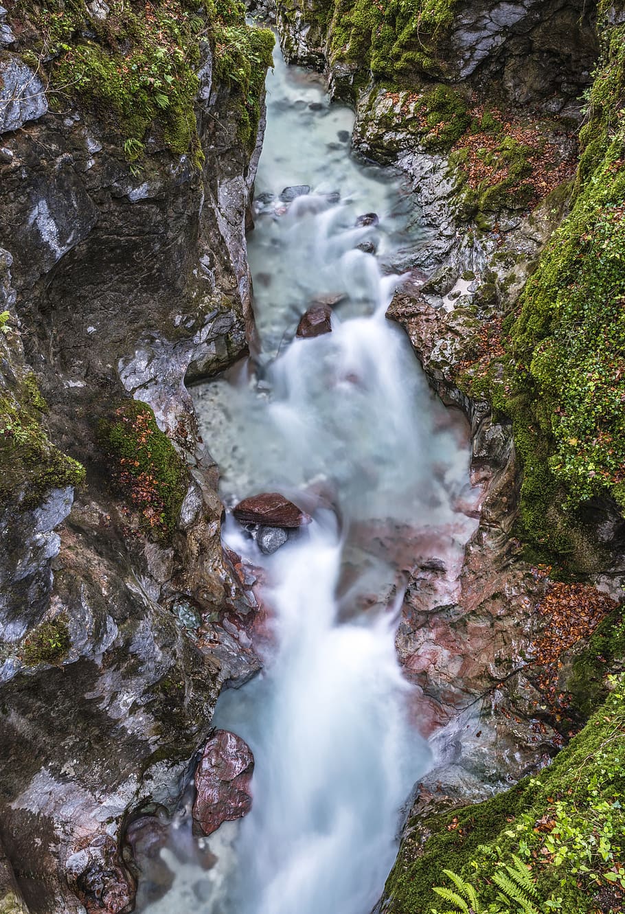 Body of Water Between Cliffs Covered With Moss, daytime, environment HD wallpaper