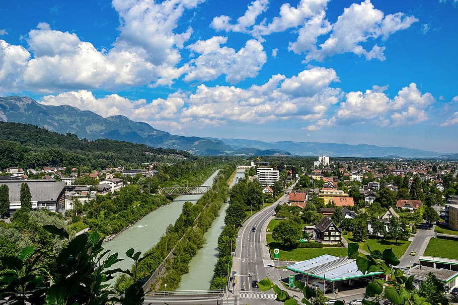 landscape, clouds, sky, nature, road, river, building exterior HD wallpaper