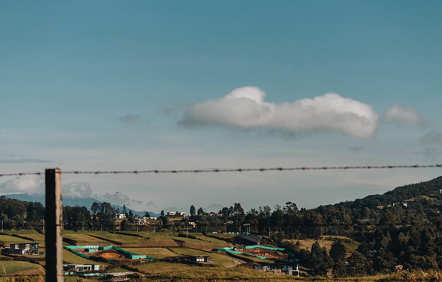wallpaper, landscape, clouds, sky, houses, nature, green, cloud - sky HD wallpaper