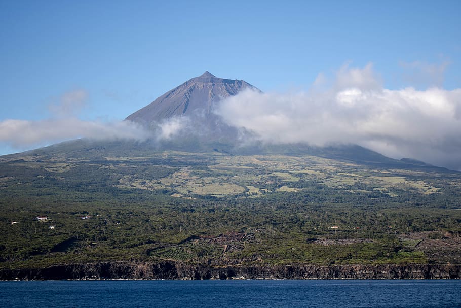 nature, landscape, volcano, pico mountain, ocean, vineyards, HD wallpaper