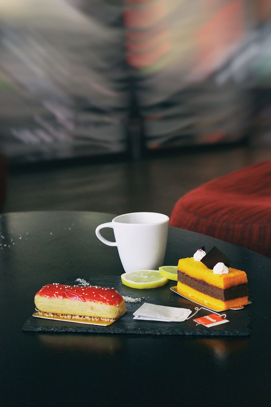 two piece of cakes and white mug on glass-top table, tea, chocolate HD wallpaper