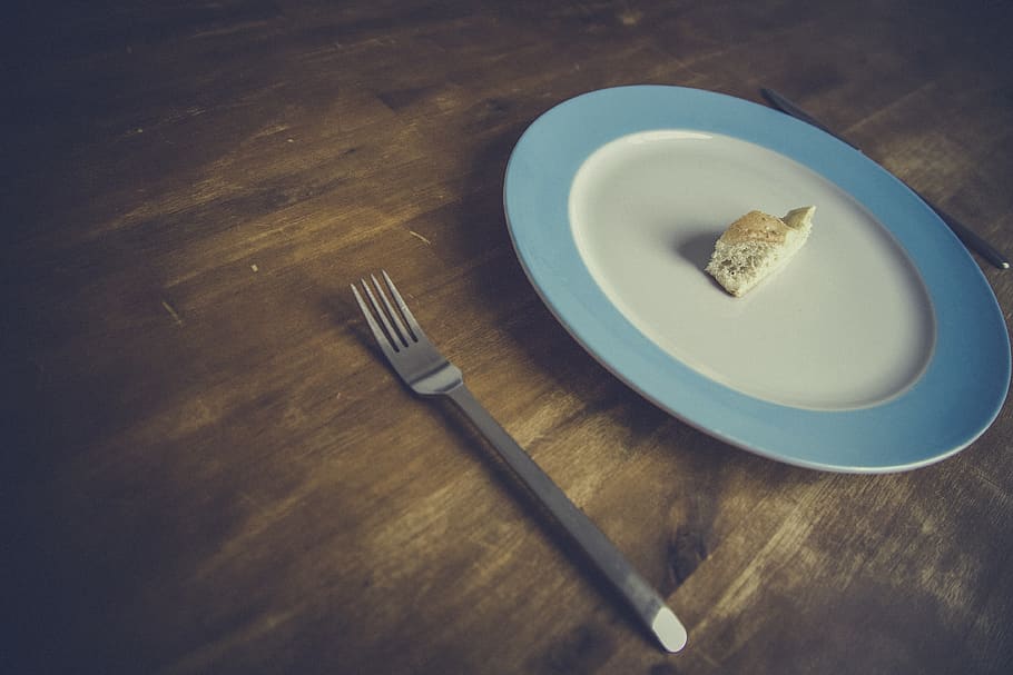 Stainless Steel Fork Near White and Blue Ceramic Pate With Brown Pastry HD wallpaper
