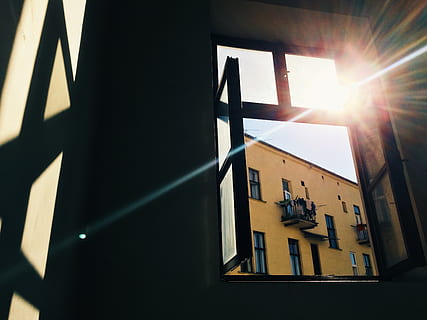 black wooden windows opened, flare, light, sunlight, outdoors HD wallpaper